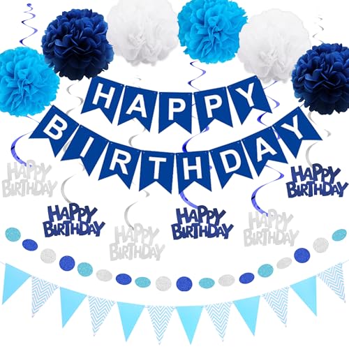 Aurmonigo Happy Birthday Banner Dekorationen – Blau Weiß Party Happy Birthday Banner Wimpelkette Hängende Wirbel Girlande Seidenpapier Pom Poms für Jungen Kinder Erwachsene Dekoration Supplies von Aurmonigo