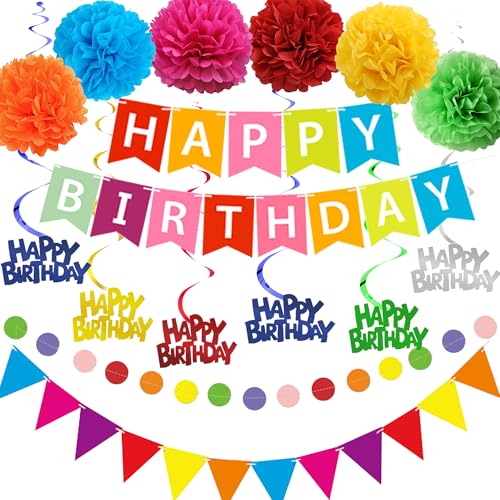 Aurmonigo "Happy Birthday"-Banner-Dekorationen – bunte Party-Dekoration, Happy Birthday-Banner, Wimpelkette, hängende Wirbel, Girlande, Seidenpapier-Pompons für Mädchen, Kinder, Frauen, Partyzubehör von Aurmonigo