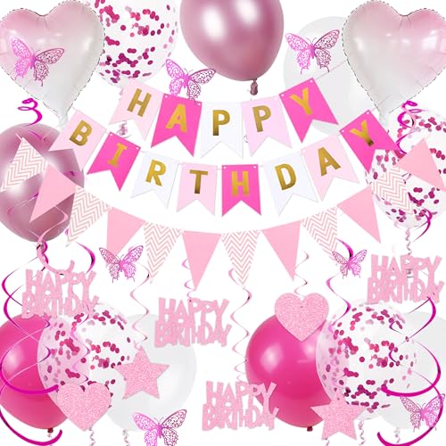 Aurmonigo Happy Birthday Dekorationen für Mädchen - Rosa Happy Birthday Banner Wimpelkette Folienballons Konfetti Latexballon Hängende Wirbel Schmetterling Dekoration für Mädchen Party Supplies Aurmonigo Happy Birthday Dekorationen für Mädchen - Rosa Happy Birthday Banner Wimpelkette Folienballons Konfetti Latexballon Hängende Wirbel Schmetterling Dekoration für Mädchen Party Supplies von Aurmonigo