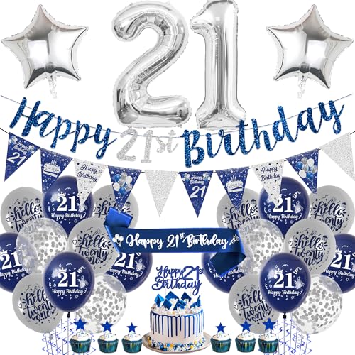 Blau Silber Geburtstagsdekorationen für Junge und Männer (Blau Silber 21 Blau Silber Geburtstagsdekorationen für Junge und Männer (Blau Silber 21 von Aurmonigo