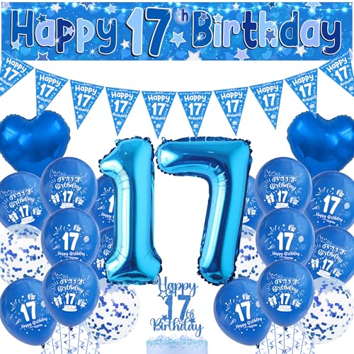 Happy 17th Birthday Luftballons Dekorationen - Blau Happy Birthday Banner Cake Topper Zahl 17 Folienballon Wimpelkette Party Dekoration für 17 Jahre Alte Jungen Happy 17th Birthday Luftballons Dekorationen - Blau Happy Birthday Banner Cake Topper Zahl 17 Folienballon Wimpelkette Party Dekoration für 17 Jahre Alte Jungen von Aurmonigo