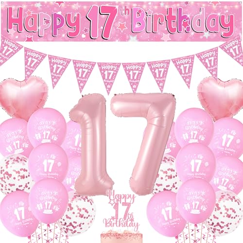 Happy 17th Birthday Luftballons Dekorationen - Rosa Happy Birthday Banner Cake Topper Nummer 17 Folienballon Wimpelkette Party Dekoration für 17 Jahre Alt Mädchen Happy 17th Birthday Luftballons Dekorationen - Rosa Happy Birthday Banner Cake Topper Nummer 17 Folienballon Wimpelkette Party Dekoration für 17 Jahre Alt Mädchen von Aurmonigo