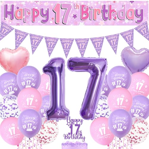 Happy 17th Birthday Luftballons Dekorationen - Rosa Lila Happy Birthday Banner Cake Topper Nummer 17 Folienballon Wimpelkette Party Dekoration für 17 Jahre Alt Mädchen Happy 17th Birthday Luftballons Dekorationen - Rosa Lila Happy Birthday Banner Cake Topper Nummer 17 Folienballon Wimpelkette Party Dekoration für 17 Jahre Alt Mädchen von Aurmonigo