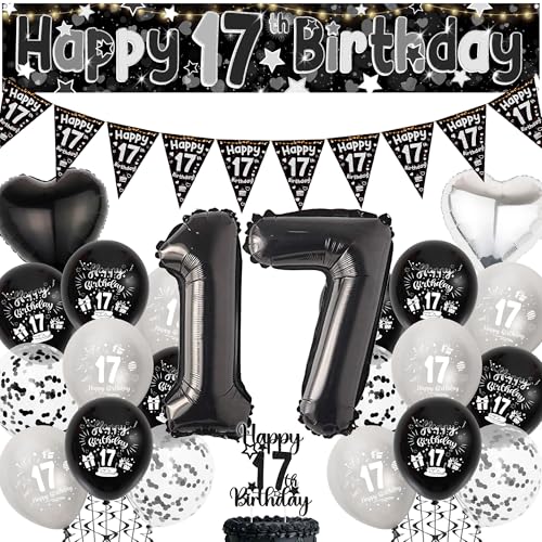 Happy 17th Birthday Luftballons Dekorationen - Schwarz Silber Happy Birthday Banner Cake Topper Nummer 17 Folienballon Wimpelkette Party Dekoration für 17 Jahre Alte Jungen Happy 17th Birthday Luftballons Dekorationen - Schwarz Silber Happy Birthday Banner Cake Topper Nummer 17 Folienballon Wimpelkette Party Dekoration für 17 Jahre Alte Jungen von Aurmonigo