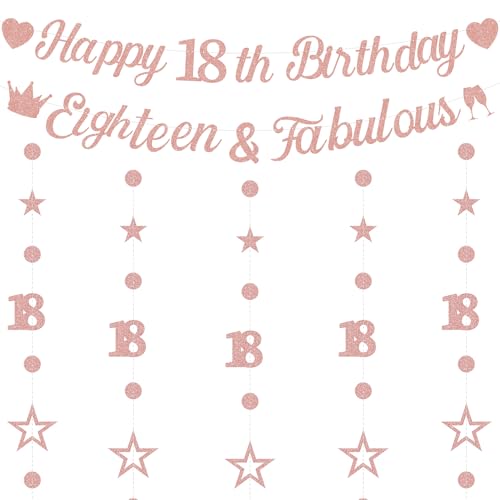 Happy 18th Birthday Banner Dekorationen - Rose Gold Glitzer Achtzehn Banner Party Supplies für Mädchen, Kreis Punkte Stern Girlande Geburtstag Banner Set für 18 Jahre alte Party Dekor von Aurmonigo