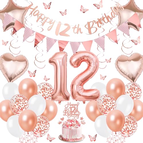 Aurmonigo 12 Geburtstag Dekorationen für Mädchen - Rose Gold Happy Birthday Banner Cake Topper Nummer 12 Folienballon Wimpelkette, hängende Wirbel Schmetterling Party Supplies für 12 Jahre alte Party von Aurmonigo