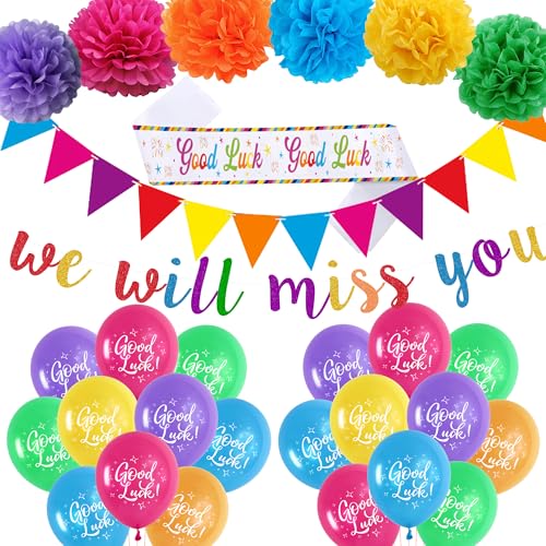 We Will Miss You Banner Dekorationen - Sorry You Are Leaving Dekoration Banner Wimpelkette Schärpe Papier Pom Poms Viel Glück Luftballons Ruhestand Abschluss Abschied Party Supplies von Aurmonigo