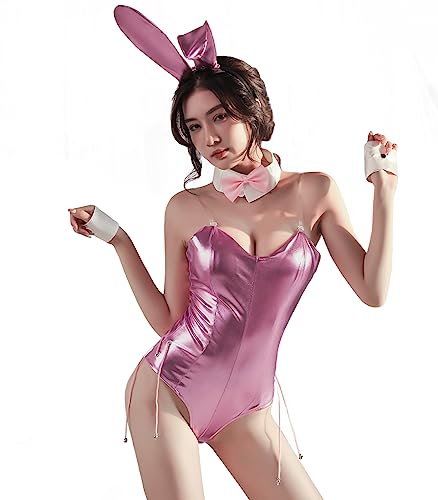Aurueda Bunny Girl Kostüm Cosplay Bodysuit Dessous Hasenkostüm Damen Halloween Hase Outfit mit Bunny Ears Rosa, Größe XL von Aurueda