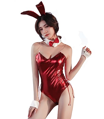 Aurueda Bunny Girl Kostüm Cosplay Bodysuit Dessous Hasenkostüm Damen Halloween Hase Outfit mit Bunny Ears Rot, Größe XL von Aurueda