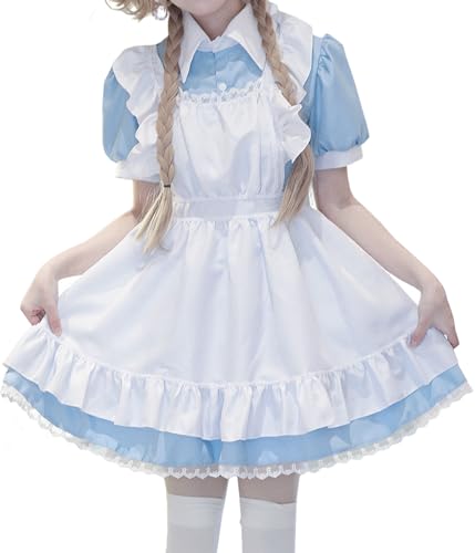 Aurueda French Maid Dress Cosplay Anime Halloween Kostüm Maid Outfit Niedliche Maid Kostüm Set mit Kleid Schürze Kopfbedeckung für Halloween Maid Costume Blau, Größe L von Aurueda