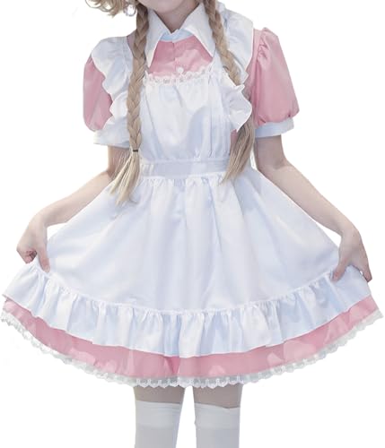 Aurueda French Maid Dress Cosplay Anime Halloween Kostüm Maid Outfit Niedliche Maid Kostüm Set mit Kleid Schürze Kopfbedeckung für Halloween Maid Costume Rosa, Größe S von Aurueda