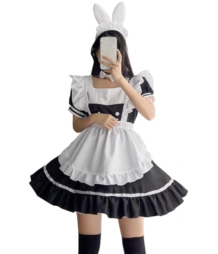 Aurueda French Maid Dress Cosplay Anime Outfit Halloween Kostüm Mit Kleider Schürzen Kopfbedeckungen Halsbekleidung für Halloween Schwarz Und Weiß, Größe M von Aurueda