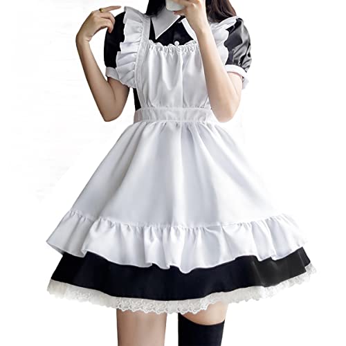 Aurueda French Maid Dress Cosplay Anime Halloween Kostüm Maid Outfit Niedliche Maid Kostüm Set mit Kleid Schürze Kopfbedeckung für Halloween Maid Costume Schwarz und Weiß, Größe XL von Aurueda