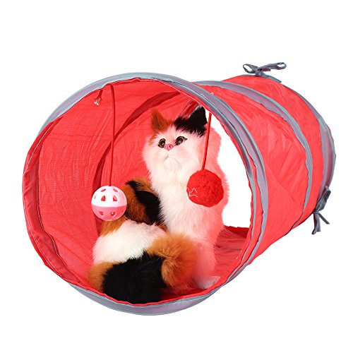Ausla Pet Tunnel Katzen -Tunnelspielzeug für Kleine Haustiere mit Tinkle Bell & Plush Ball Zusammenklappbares Training Spiel Zelt für Katzen Kätzchen Kaninchen Frettchen Frettchen (Rot) von Ausla