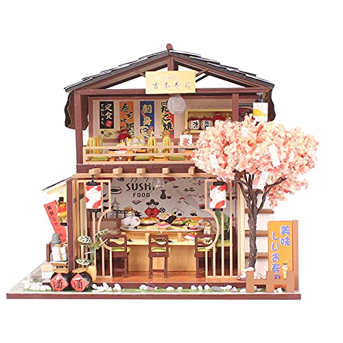 DIY Japanisches Puppenhaus, DIY 1:24 Japanischer Sushi-Shop, Miniatur-Puppenhaus, LED-Licht-Set, Handgefertigtes Holzgebäude, Modell, Weihnachten, Geburtstagsgeschenk von Ausla