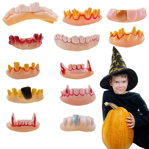 12 Stück Halloween Dämonenzähne Gnarly Fake Zähne, Gummi Lustige Zahnersatz Dämon Gag Zähne für Halloween Kostüm Spielen Party von Auswalar