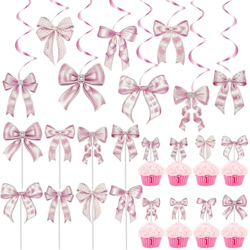 24 Stück Schleifen-Party-Dekorationen, Kuchendekorationen, rosa Schleife, Party-Dekoration für Babyparty, Brautparty, Junggesellinnenabschied, Party-Dekoration für Babypartys, Junggesellinnenabschiede von Auswalar