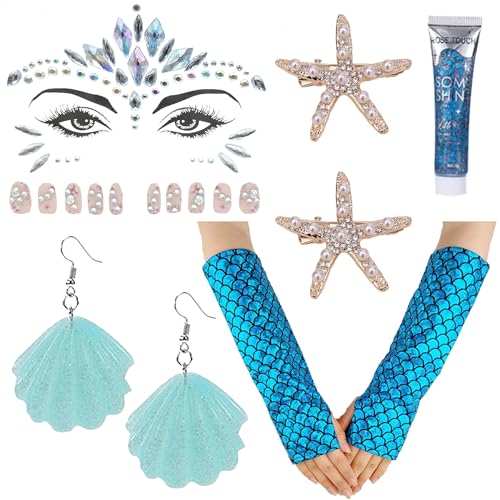 6 Set Meerjungfrau Kostüm Damen,Handschuhe Meerjungfrau,Seestern Haarspange,Muschel Ohrringe,Edelsteine Gesichtstattoo,Body Glitter Gel,Karneval Kostüm Accessoires für Fasching Karneval Mottoparty von Auzlya