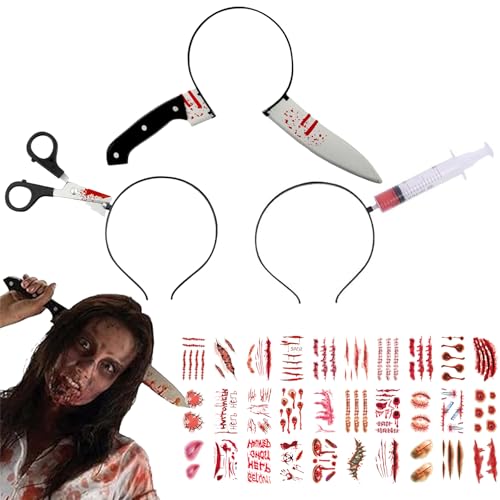 Auzlya Halloween Messer im Kopf,3 Stück Halloween Haarreif,Halloween Accessoires,Halloween Accessoires Damen,Blutige Schere im Kopf,mit Scars Tattoo,für Herren Damen bei der Halloween Party von Auzlya