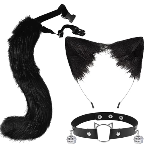 Auzlya 4 Stück Fuchs Kunstpelz Schwanz Set, Katzen Ohren und Schwanz,Halloween Cosplay Kostüm Zubehör,Fuchsschwanz Cosplay,mit Ohren und Glockenkragen,Damen Netzstrümpfe,für Cosplay Set für Damen von Auzlya