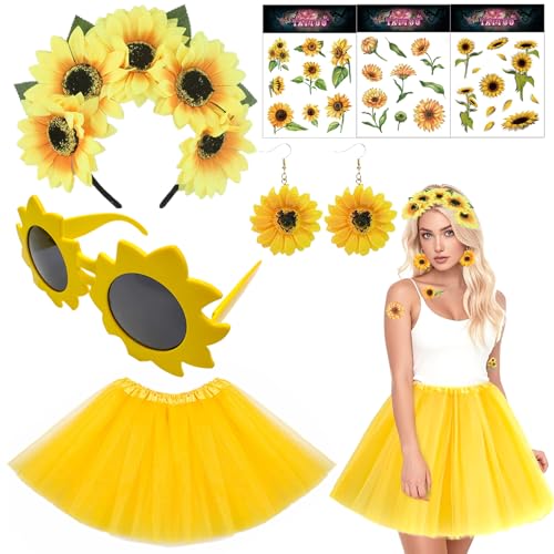 Auzlya Sonnenblumen Kostüm Damen,Tüllrock Gelb,Sonnenblumen Haarschmuck,Sonnenbrille,Sonnenblumen Ohrringe,Tattoo Aufkleber,Karneval Kostüm Damen,Sonnenblumen Deko für Fasching Motto Partys von Auzlya