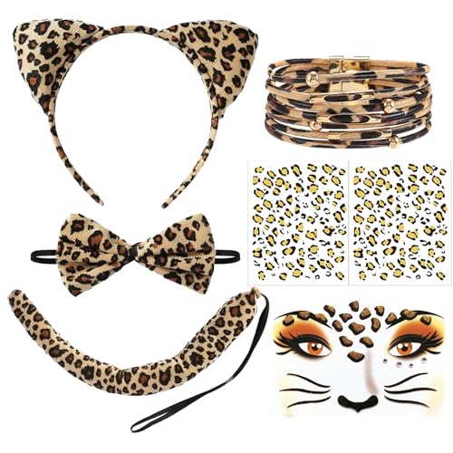 Auzlya 7-teiliges Leoparden Kostm Set, Damen & Kinder, Leopardenmuster Aufkleber, Ohrstirnbnder, Fliege, Schwanz, Armband, Gesichtsaufkleber, Karneval, Fasching, Halloween, Cosplay von Auzlya