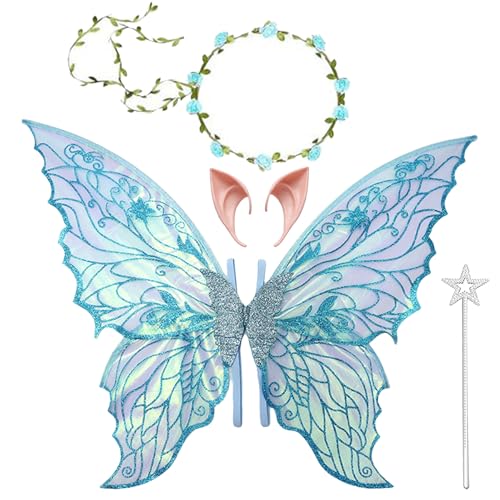 Feenflügel Kostüm,Feenflügel Erwachsene Kinder,Schmetterlingsflügel,Prinzessinnenflügel,mit Elfenöhren,Stirnband und Sterne Feenstäbe,für Halloween Weihnachten Fasching oder Feen Mottopartys von Auzlya