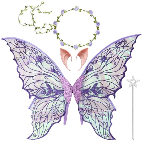 Feenflügel Kostüm,Feenflügel Erwachsene Kinder,Schmetterlingsflügel,Prinzessinnenflügel,mit Elfenöhren,Stirnband und Sterne Feenstäbe,für Halloween Weihnachten Fasching oder Feen Mottopartys von Auzlya
