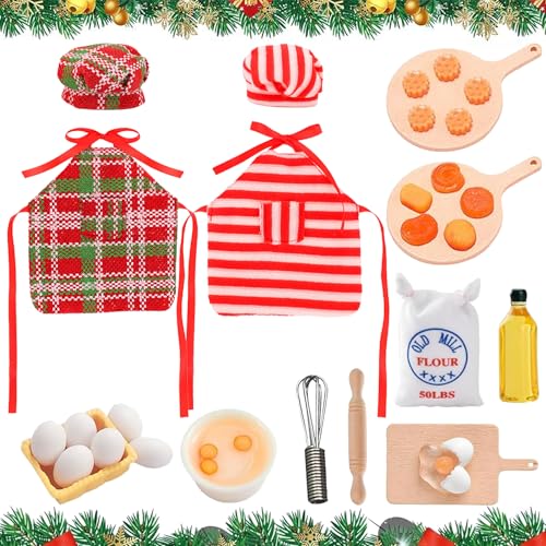 Wichtel Zubehör Weihnachten,30 Stück Miniatur Wichtel Zubehör Backen Set,Miniatur Küche Puppenhaus Zubehör,Kleidung Kleider für Elf,für Puppenhaus Dekoration von Auzlya
