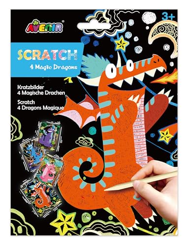 AVENIR 6301544 Scratch Kratzbilder für Kinder, Motiv: Drache, Kreativset ab 3 Jahren, Mehrfarbig von Avenir