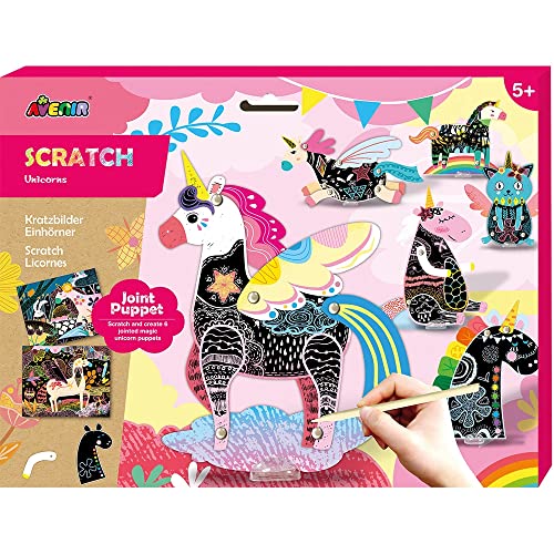 Avenir CH191683 6301683 Scratch Kratzbilder Bastelset mit Gelenkfiguren, Motiv Einhörner, Kreativset für Kinder von Avenir