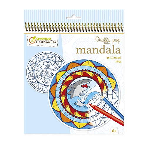 Avenue Mandarine GY028O Malbuch Graffy Pop Mandala, Zeichenpapier 250g, vorgestanzte Formen, 12 Motive wiederholen sich jeweils dreimal, ideal für Kinder ab 6 Jahren, 1 Stück, Blau von Avenue Mandarine