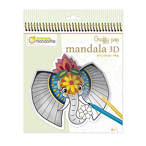Avenue Mandarine GY106C Malbuch Graffy Pop Mandala, Zeichenpapier 250g, vorgestanzte Formen, 12 Motive wiederholen sich jeweils dreimal, ideal für Kinder ab 6 Jahren, 1 Stück, 3D Wildtiere von Avenue Mandarine