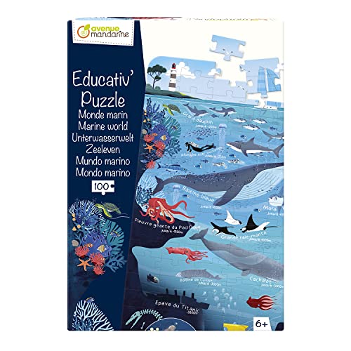Avenue Mandarine PU024C - Lernpuzzle mit 100 Teilen auf Karton 2,25 mm, ideal für Kinder ab 6 Jahren, Poster und Übersetzungen inkl, 1 Stück, Unterwasserwelt von Avenue Mandarine