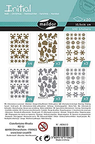 Maildor AE063O Initial Packung Stickers (20 Bögen 10,5 x 16 cm, 590 Stickers, große Sortiment ideal für Kita oder Schulen, Weihnachten) gold/silber von Maildor