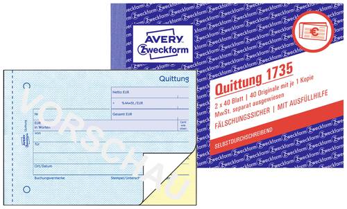 Avery-Zweckform 1735 Quittung Formular DIN A6 quer Anzahl der Blätter: 40 Weiß 80 Blatt von Avery-Zweckform