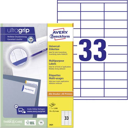 Avery-Zweckform 3421 Universal-Etiketten 70 x 25.4mm Papier Weiß 3300 St. Permanent haftend Tintens von Avery-Zweckform
