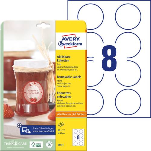 Avery-Zweckform 5081 Universal-Etiketten Ø 65mm Papier Weiß 80 St. Wiederablösbar Farblaserdrucke von Avery-Zweckform