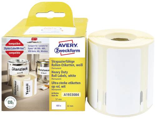Avery-Zweckform Etiketten Rolle Kompatibel ersetzt DYMO 1933084 57 x 32mm Folie Weiß 400 St. Perman von Avery-Zweckform
