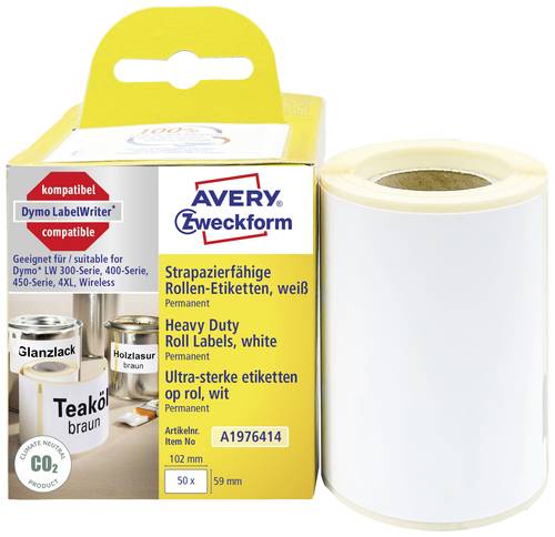 Avery-Zweckform Etiketten Rolle Kompatibel ersetzt DYMO 1976414 59 x 102mm Folie Weiß 50 St. Perman von Avery-Zweckform