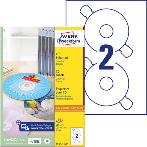 Avery-Zweckform L6043-100 CD-Etiketten Ø 117mm Papier Weiß 200 St. Permanent haftend Tintenstrahld von Avery-Zweckform