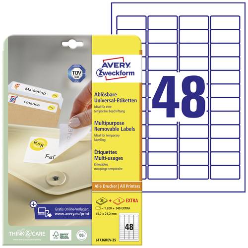 Avery-Zweckform L4736REV-25 Universal-Etiketten 45.7 x 21.2mm Papier Weiß 1440 St. Wiederablösbar von Avery-Zweckform