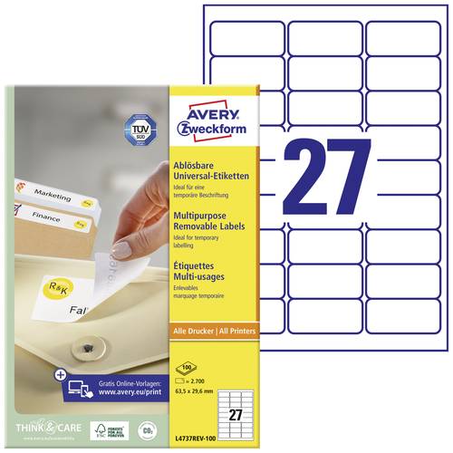 Avery-Zweckform L4737REV-100 Universal-Etiketten 63.5 x 29.6mm Papier Weiß 2700 St. Wiederablösbar von Avery-Zweckform