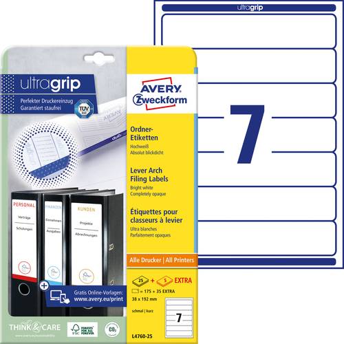 Avery-Zweckform Ordner-Etiketten L4760-25 38 x 192mm Papier Weiß Permanent haftend 210St. von Avery-Zweckform