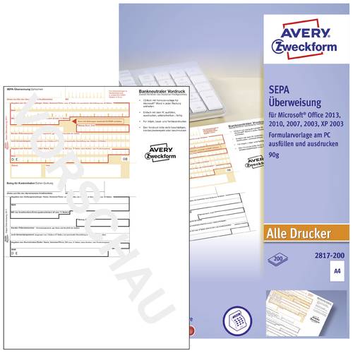 Avery-Zweckform Überweisung Formular SEPA DIN A4 Anzahl der Blätter: 200 2817-200 von Avery-Zweckform