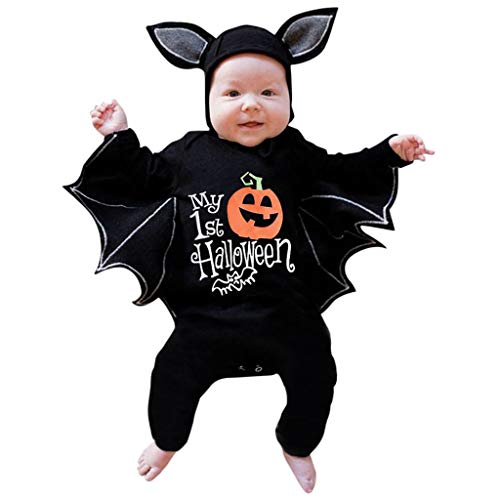 Avrilight Halloween Fledermaus Baby Kostüm Jumpups + Hutbaby Cosplay Kostüm für Jungen Jungen Stramperanzüge für Jungen Strumpfhosen & Jumpups T Shirt Mit Totenkopf Damen (Q48-Black, 0-3 Months) von Avrilight