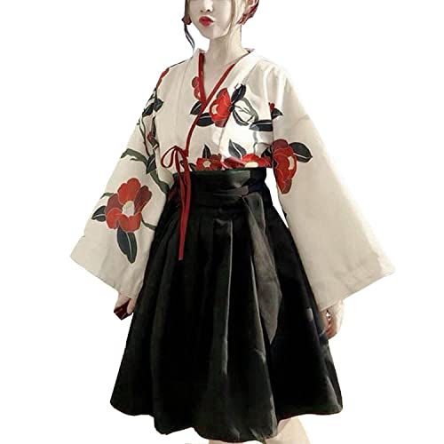 AwayHome Japanischer Stil Kimono Hanfu Frauen Vintage Print Kleid Kamelie Cosplay Kostüm Anime Rollenspiel Outfit von AwayHome