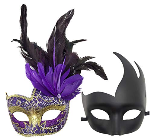 Awlsyj Pärchen Maskerade Maske Federmaske Venezianische Party Maske Mardi Gras Halloween Kostüme (Lila) von Awlsyj