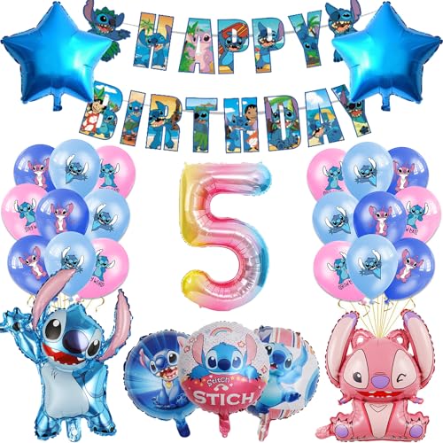 27 Stück Lilo and Stitch Partyzubehör, 5 Jährige Kindergeburtstag Deko Luftballons Deko, Stitch Thema Party Supplies Enthält Birthday Banner Luftballons Folienballon Zahlenballons von Awonlate