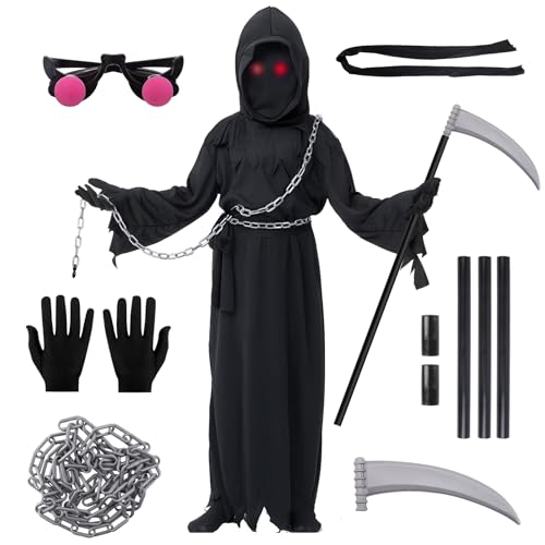 Halloween Kostüm Kinder Sensenmann, Halloween Kostüm Kinder Jungen und Mädchen Kostüm Sensenmann Enthalten Maske Halloween Kinder Scythe Sensenmann Umhang mit kapuze Rotes Licht elektronisches Auge von Awroutdoor
